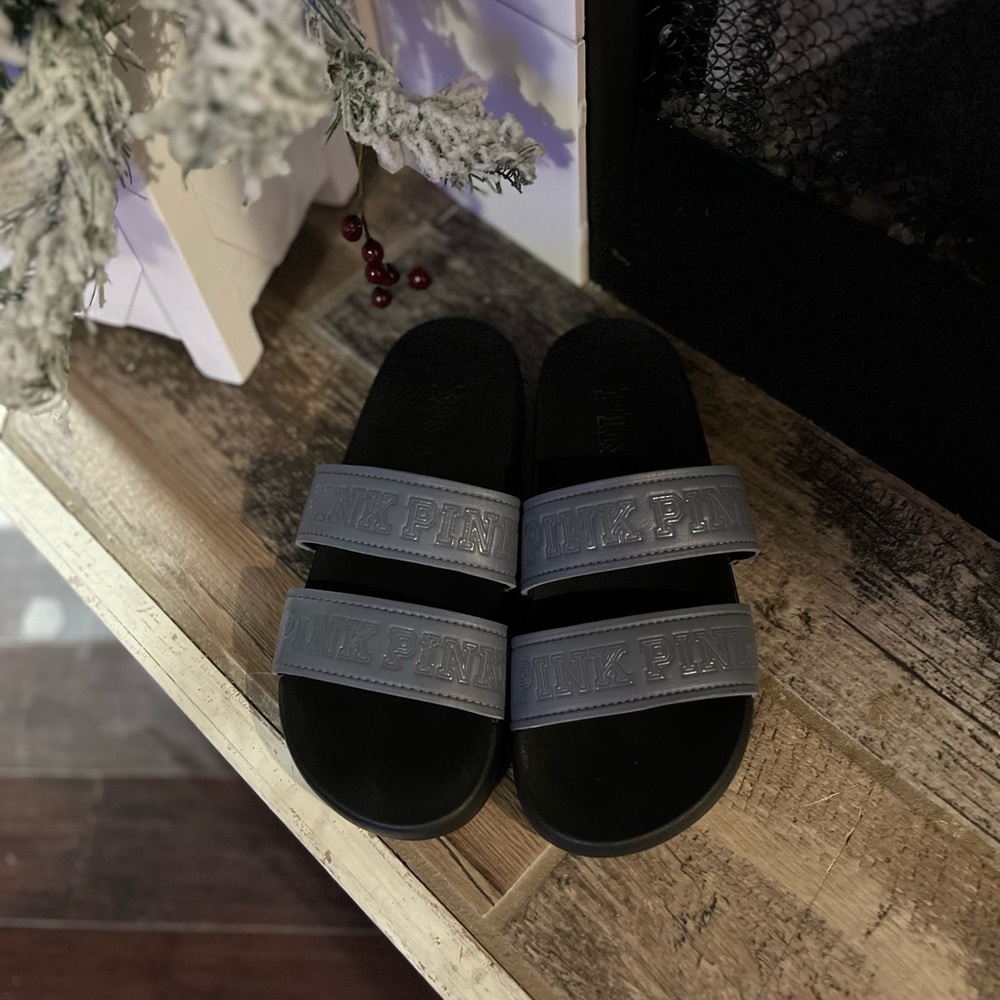 Victoria Secret Black and Gray Slide Sandals
